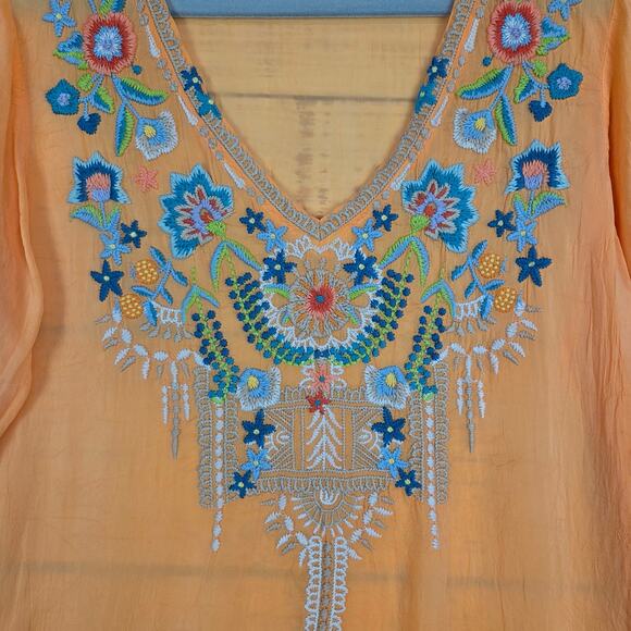 Johnny Was Orange Tropical Blouse (S) Multicolor Emboidered Whimsy Fairy V-Neck - Picture 9 of 13
